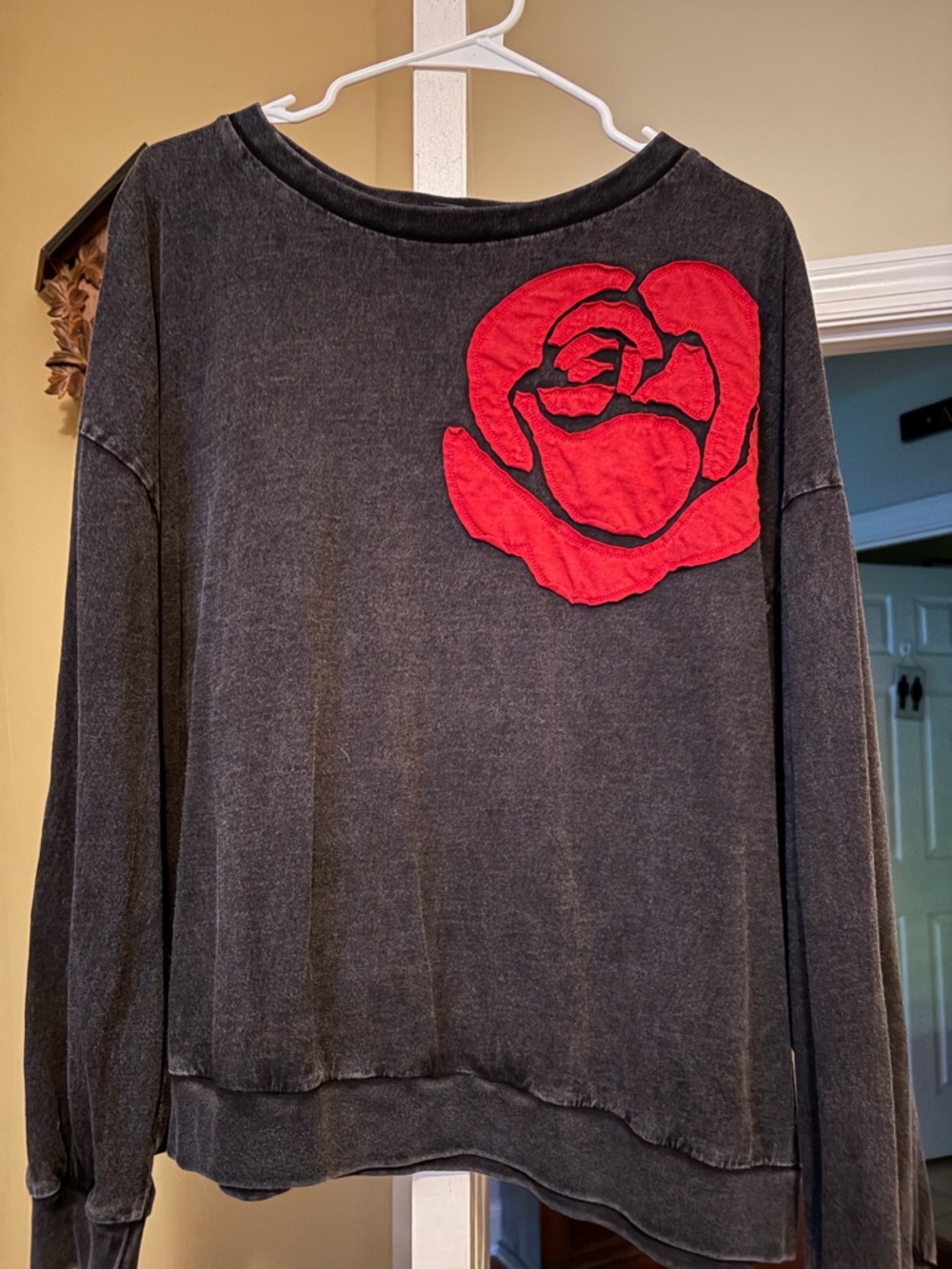 SHEIN Black Pullover Sweatshirt with Red Rose Patch